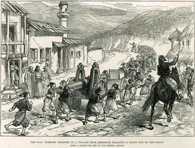 1877-1878 Osmanlı-Rus Savaşı (93 Harbi) Sırasında Erzurum Yakınlarındaki Bir Köyde Çocukların Krupp Marka Topun Cepheye Taşınmasını Yardım Etmeleri