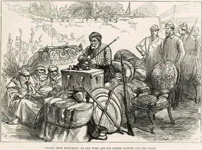 1877-1878 Osmanlı-Rus Savaşı (93 Harbi) Sırasında Rusçuk'dan Göç, Treni Bekleyen Yaşlı Türk Erkeği Ve Haremi