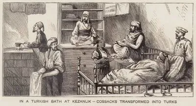 1877-1878 Osmanlı-Rus Savaşı (93 Harbi) Sırasında Kazanlık'da Bir Türk Hamamında Rus Kazak Askerlerinin Türkler Gibi Banyo Yapması