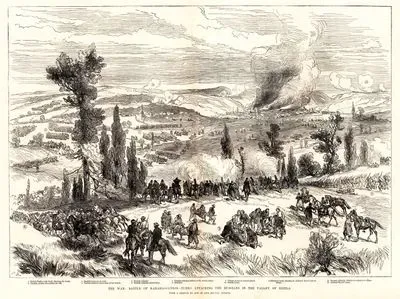 1877-1878 Osmanlı-Rus Savaşı (93 Harbi) Sırasında Gerçekleşen Kara Hasan Köyü Savaşinda Türk Ordusunun Kızıla Köyü Vadisinde Rus Ordusuna Saldırmaları 1.Necip Paşa Ve Yardımcılarının Savaşı Yönetmeleri 2.Tepeden İnen Türk Süvarileri 3.Yaralı Askerleri Ameliyat Eden İngiliz Doktorlar 4.Ön Cepheye Giden Türk Piyadeleri 5.6.Savaşan Türk Piyadeleri 7.Ateşden Korunmak İçin Ormana Saklanan Rus Piyadeleri 8.Ruslar 9.Ateş Altındaki Köy(Sadina) 10.11.Rus Silahları 12.Köyün Girişine Saklanan Rus Piyadeleri 13.Ahmet Eyüp Paşanın Silahları