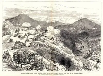 1877-1878 Osmanlı-Rus Savaşı (93 Harbi) Sırasında Şıpka Geçitini Ruslardan Geri Almak İçin 24 Ağustos 1877 Tarihinde Türk Kuvvetlerin Çift Taraflı Saldırısı-Türklere Ait Önde Altı Adet Sahra Ve Beş Adet Dağ Topu-1.Türk Ordusunun Birinci Bölüğü 2.St.Nicholas Dağı 3.Türk Kuvvetlerinin Sol Taraftan Yaptıkları Saldırı 4.Şıpka Yolu 5.rite pite?? 6.St.Nicholas Dağından 1370 Metre Uzaklıktaki Rus Merkezi 7.Kütüklere Bağlanmış Cephane Arabaları 8.Türk Ordusunun Üçüncü Bölüğü