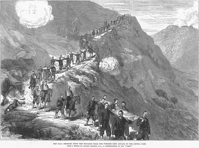 1877-1878 Osmanlı-Rus Savaşı (93 Harbi) Sırasında  Şıpka Geçitini Ruslardan Geri Almak İçin Yapılan Saldırılarda Yaralan Türk Askerlerinin Dağdan İndilmesi