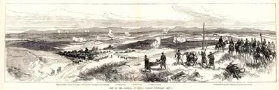 1877-1878 Osmanlı-Rus Savaşı (93 Harbi) Sırasında 09 Eylül 1877 Tarihi İtibariyle Plevne'de Güneydoğudan Bakıldığında Türk ve Rus Kuvvetlerinin Pozisyonu-Gravürün Sol Ön Taraftaki Boslukta Grivitsa Köyü ve
Arkada Balkanlar 1.Türk Tabyaları 2.Rus Topçular 3.Romanyalı(Romen) Topçular