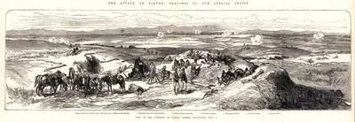 1877-1878 Osmanlı-Rus Savaşı (93 Harbi) Sırasında 13 Eylül 1877 Tarihi İtibariyle Plevne'de Güneybatıdan Bakıldığında Türk ve Rus Kuvvetlerinin Pozisyonu-Gravürün Sol Arka Tarafında Tepelerin Arkasında Grivitsa Köyü Ve Uzaklarda Balkanlar 1. Grivitsa Köyünün Karşısındaki Tepelerde Piyade Siperleri 2. Rus Piyadelerinin Saldırısı 3.Romanyalı(Romen) Piyadeler 4.Romanyalı(Romen) Topçular 5.Türk Tabyaları 6.Türk Topçuları