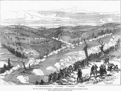 1877-1878 Osmanlı-Rus Savaşı (93 Harbi) Sırasında Sinanköy Muharebesinde Rus Ordusunun Saldırısına Karşı Türk Ordusunun Savunma Yapması  1.Türkler 2.Ruslar 3.Rus Topları 4.Türk Topları