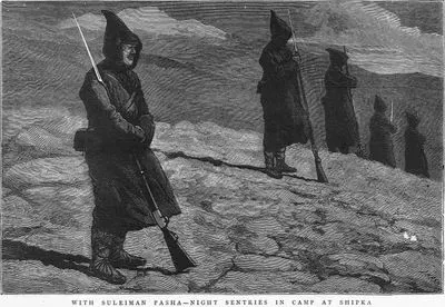 1877-1878 Osmanlı-Rus Savaşı (93 Harbi) Sırasında Şıpka'da Süleyman Paşanın Kampında Gece Nöbeti Tutan Türk Askerleri