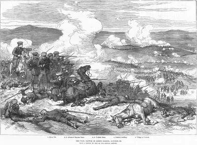 1877-1878 Osmanlı-Rus Savaşı (93 Harbi) Sırasında 24 Ekim 1877 Tarihinde Gerçekleşen Gorny Dubnik Savaşı-1.Vid Nehri 2.En ilerideki Rus Cepheleri 3.Türk Cepheleri 4.Türk Topçuları 5.Dubnik Köyü