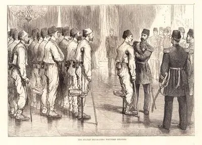 1877-1878 Osmanlı-Rus Savaşı (93 Harbi) Sırasında Padişah II.Abdülhamit'in Dolmabahçe Sarayında Savaşta Yaralanan Askerlere Şeref Madalyası Takması