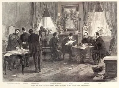 1877-1878 Osmanlı-Rus Savaşının (93 Harbi) Sonunda İstanbul Yeşilköy'de(San Stefano) Osmanlı İmparatorluğu İle Rusya İmparatorluğu Arasında Ayastefanos Antlaşmasının İmzalanması-Prens Alexei Tseretelev, General Ignativ'in Sekreteri- Türk Sekreter- Mr.Basil, Rus Sekreter-Savfet Mehmed Paşa'nın Sekreteri Sadullah Bey-Savfet Mehmed Paşa-General Nikolai Ignatiev Aleksandr Nelidov-M.Nelidoff