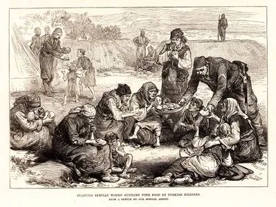 1876-1877 Osmanlı-Sırp Savaşı Sırasında Türk Askerlerinin Aç Sırp Kadınlarına Yiyecek Dağıtması