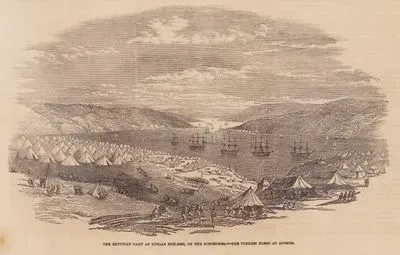 1853-1856 Osmanlı-Rus Savaşı (Kırım Savaşı) Sırasında Beykoz Hünkar İskelesine Kamp Yapmış Mısırlı Askerler Ve İskele Önüne Demirlemiş Türk Donanması