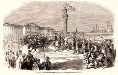 1853-1856 Osmanlı-Rus Savaşı (Kırım Savaşı) Sırasında Fransız Büyükelçisi General Baraguay D'Hilliers'in Beyazıt Meydanında Türk Askerlerini Selamlama Töreni