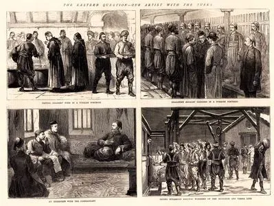 1876-1877 Osmanlı-Sırp Savaşı Sırasında-Bir Türk Kalesinde Askerlerin Yemeklerini Tadılması-Bir Türk Kalesinde Süvari Tüfeklerinin İncelenmesi-Türk Komutanla Sohbet-Rusçuk ve Varna Hattında Çalışan Bulgar Demiryolu İşçilerine Ücretlerinin Ödenmesi