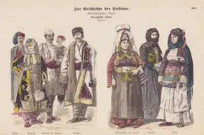 19.Yüzyılın ikinci Yarısında Avrupada ki Türkiye'de Yaşayanların Kostümleri, İşkodralı (Shkodra) Erkek, Priznen'li Kadın, Yanya'lı (Janina) Arnavutlar, Bulgar-Juzgat'lı Kürt Kadın, Preveza'lı Kadın, Sakız Adasında Yaşayan Bir Kadın