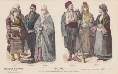 19.Yüzyılın ikinci Yarısında Avrupada ki Türkiye'de Yaşayanların Kostümleri, İşkodralı (Shkodra) Kadın ve Erkek, Edirne'li Erkek, Selanik'li Kadın-Manastır'lı Erkek ve Kadın, Tesalya'lı Kadın