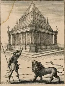 Ezop Masalları veya Ezop Fabllarından Aslan ile Ormancı, (Bir ormancının, Aslana Halikarnas Mozolesinin (Mausolus'in Mezarı) Üzerindeki Başını Bir Adamın Kucağına Koyan Aslan Heykelini Göstermesi)