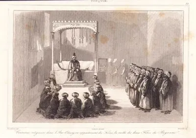 Bayram Arifesinde Topkapı Sarayında Arz Odasında Arife Tahtında Oturan Padişah I.Abdülhamid'in Saray Ahalisi ve Enderunlular ile Bayramlaşması