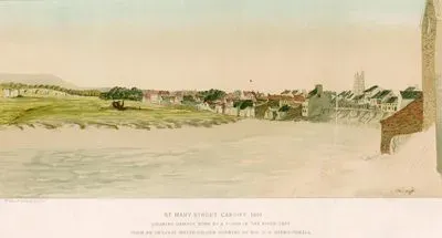1840 Yılında Taff Nehrinin Taşmasının Yaptğı Hasar İle Birlikte Cardiff Şehrinin St.Mary Caddesine  Görünümü