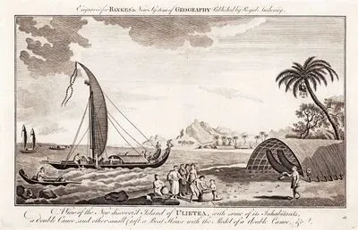 Kaptan James Cook Tarafından Keşfedilen Raiatea (Ulietea) Adasından Bir Görünüm İle Adada Yaşayanlar, Çift kanolu Tekneler Ve Diğer Küçük Tekneler