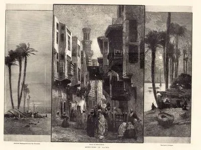 Kahireden Çeşitli Çizimler-Piramitlerin Yakınlarındaki Bedevi Kampı, Geb El Almar Caddesi, Kayıkçıların Kulübeleri